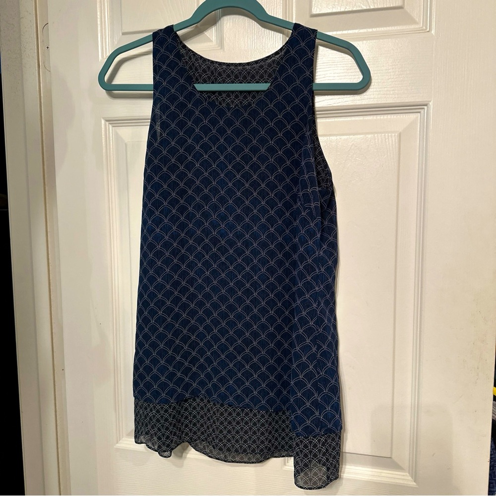 Tag Missing Size Small Navy White Semi Sheer Double Layer Tank Blouse Top Shirt